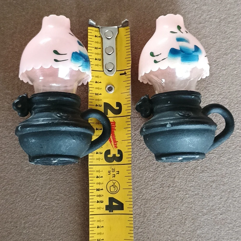 Vintage Metal Cast Iron Oil Lamp Salt and Pepper Shakers Pink Blue Flower